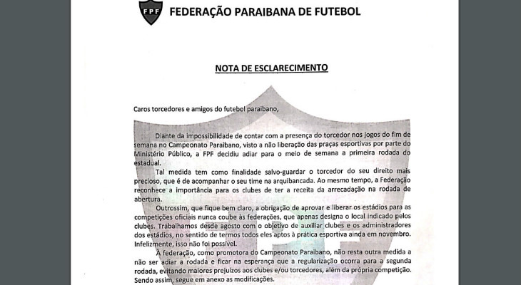  FPF tentou explicar a falta de laudos, mas foi obrigada a adiar o início do Paraibano 2020!