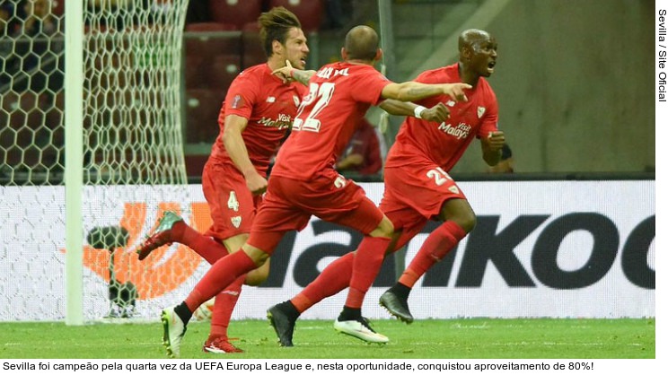  Sevilla foi campeão pela quarta vez da UEFA Europa League e, nesta oportunidade, conquistou aproveitamento de 80%!