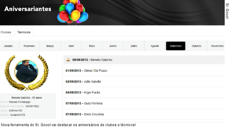  Nova ferramenta do Sr. Goool vai destacar os aniversários de clubes e técnicos!